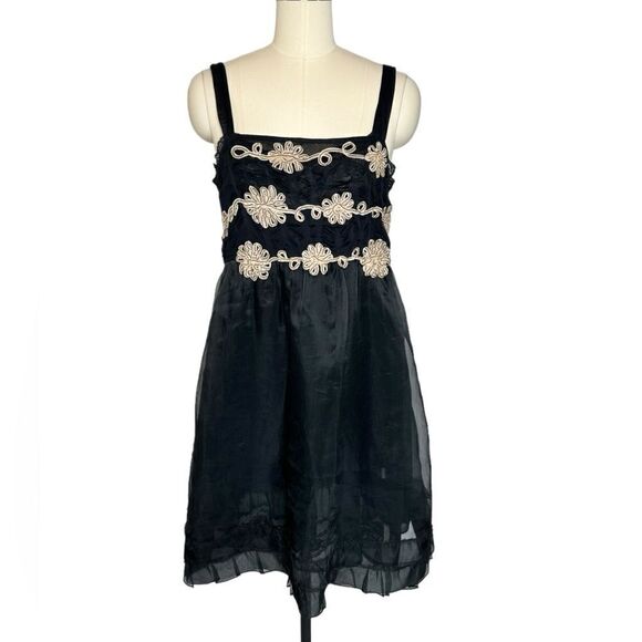 Anthropologie Zahavale Black Tulle Floral Embroidered Mini Dress| 6 - Picture 1 of 12